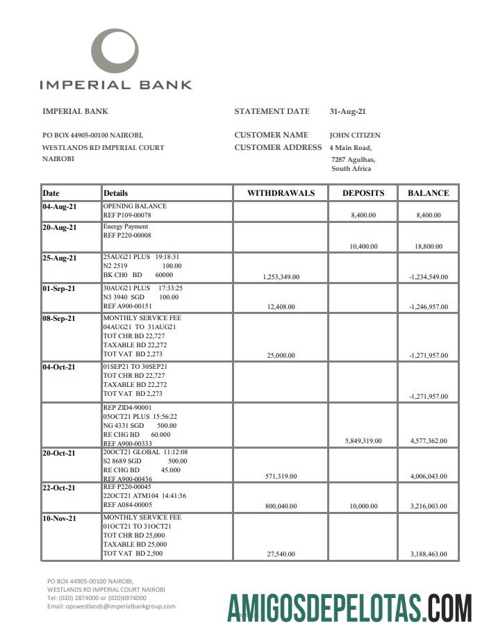 South Africa Imperial Bank Excel Pdf amostra